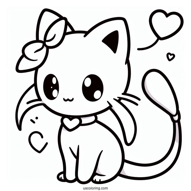 Kawaii Mew Coloring Page With Heart Shaped Tail For Preschoolers