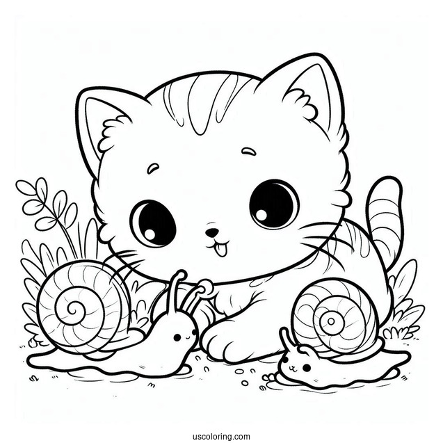 Coloring Sheet Of Kitten Playing With Snails