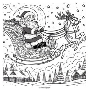 Santa Flying On A Sleigh Over The North Pole Coloring Page For Kids