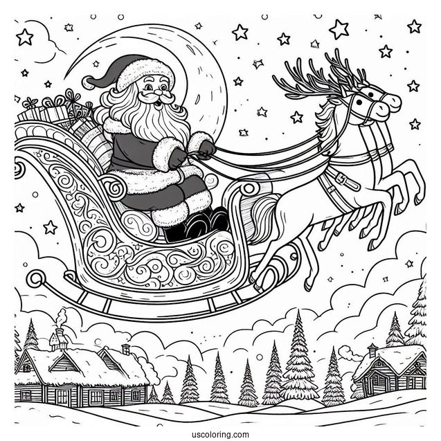 Santa Flying On A Sleigh Over The North Pole Coloring Page For Kids