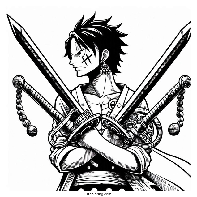 One Piece Coloring Page Of Roronoa Zoro With Three Swords
