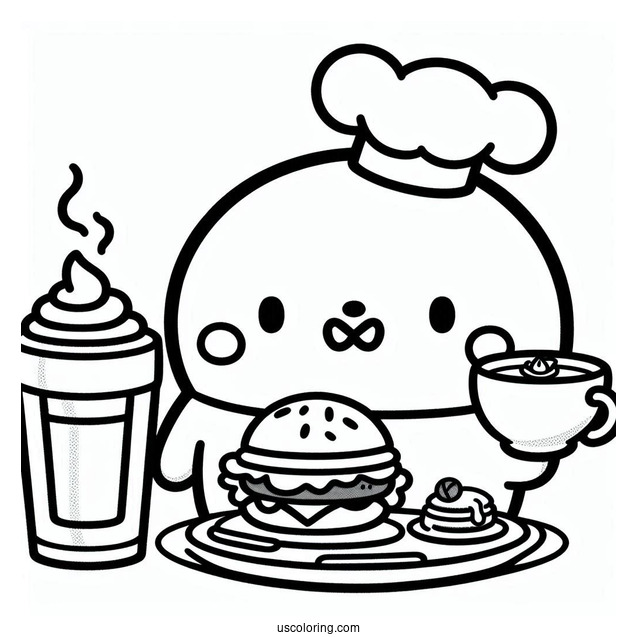 Pompompurin Serving Coffee And Burger Coloring Sheet