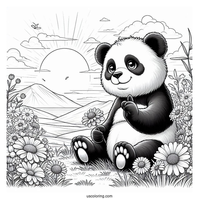 Realistic Panda Coloring Page Sitting in Flower Field with Sunrise in Background