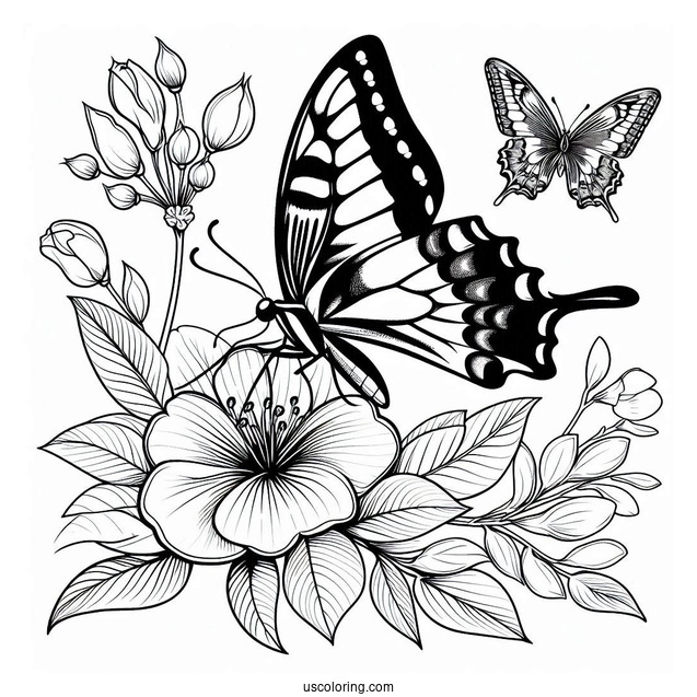 Swallowtail Butterfly Coloring Page Perched On Flowers And Leaves