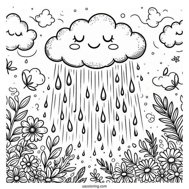 Rain Coloring Page Falling From Happy Cloud
