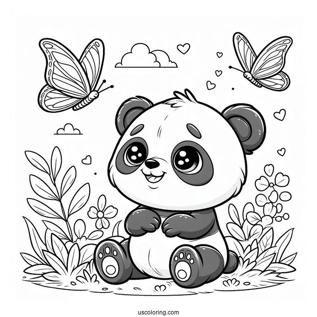 Baby Panda Coloring Page Smiling at a Butterfly