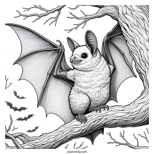 Realistic Bat Coloring Page Perched On Tree