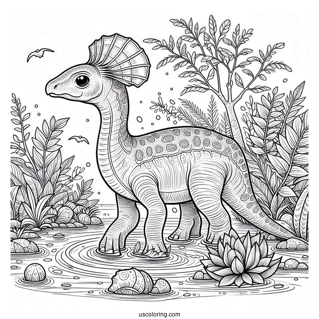 Detailed Parasaurolophus Coloring Page In The Water