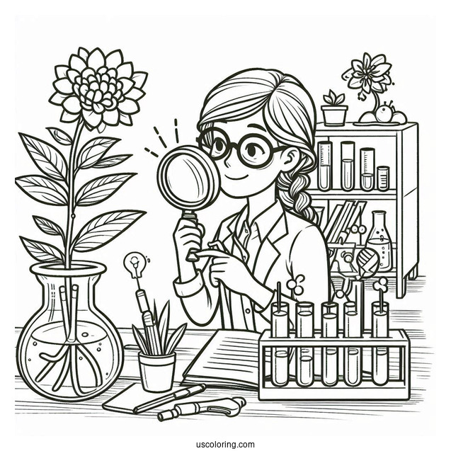 Science Coloring Page Of Scientist Studying A Plant With A Magnifying Glass