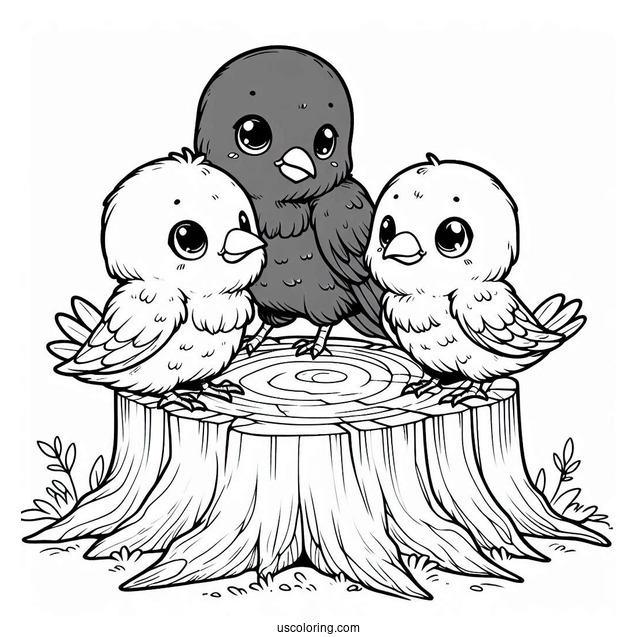 Three Chibi Raven Coloring Page Living Inside A Tree Stump For Kids