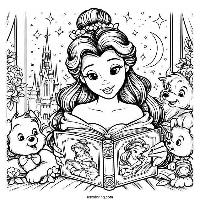 Coloring Page Of Belle Reading To Her Enchanted Friends