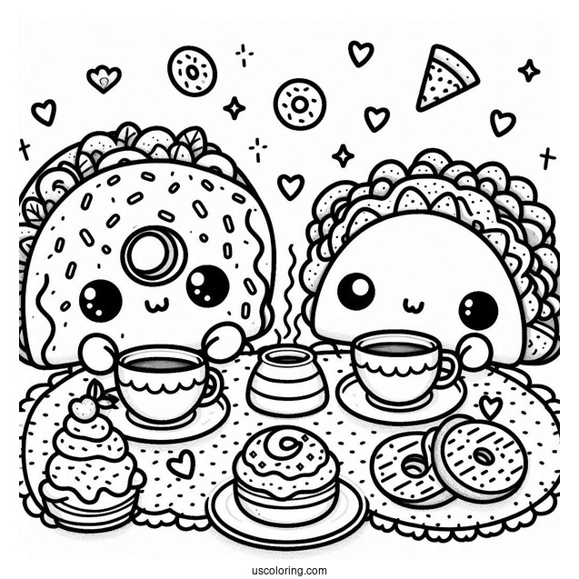 Pretty Donut And Taco Having A Tea Party Coloring Sheet
