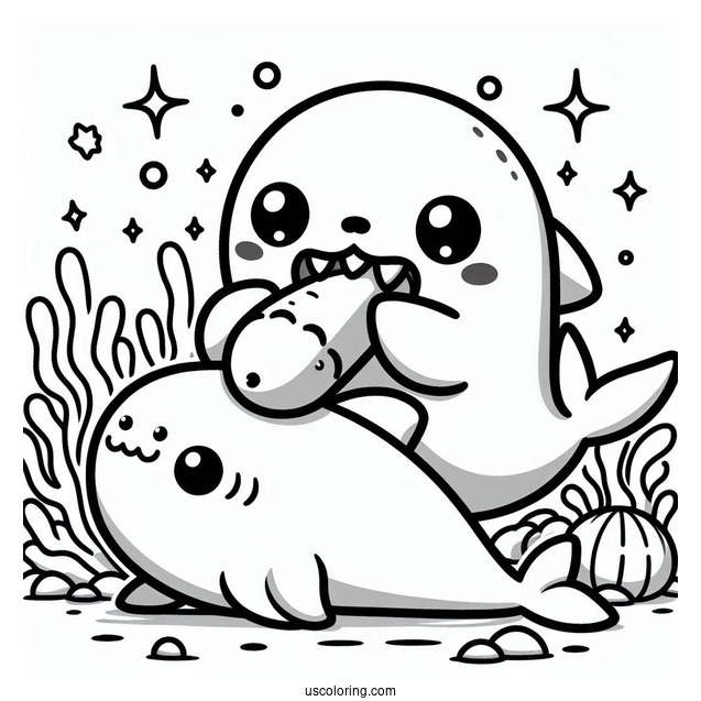 Kawaii Cartoon Shark Play Biting A Sea Lion Coloring Page For Kids