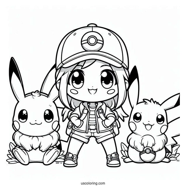 Cute Coloring Page Pokemon Trainer With Pikachu And Eevee
