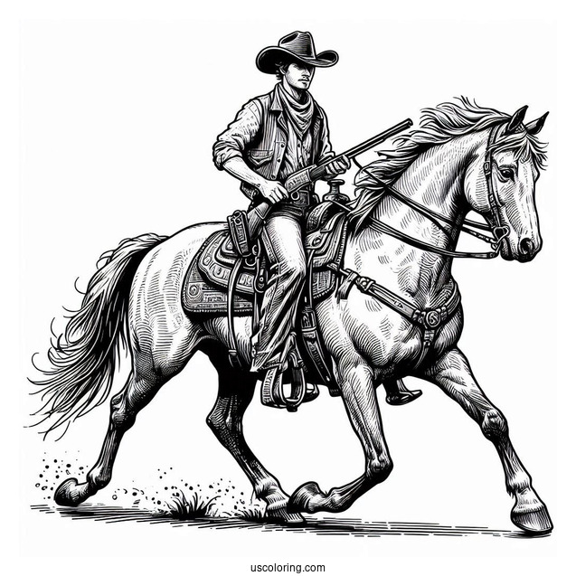 Realistic Cowboy Coloring Page On A Horse