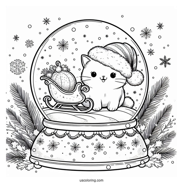 Santa Cat On A Sleigh Snow Globe Coloring Page