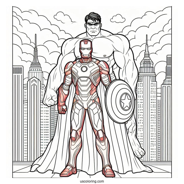 Iron Man Standing Beside Hulk Coloring Page In The City