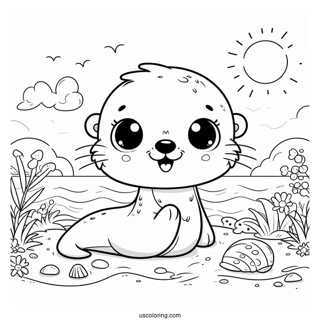 Cute Cartoon Otter Coloring Page On The Beach For Preschoolers