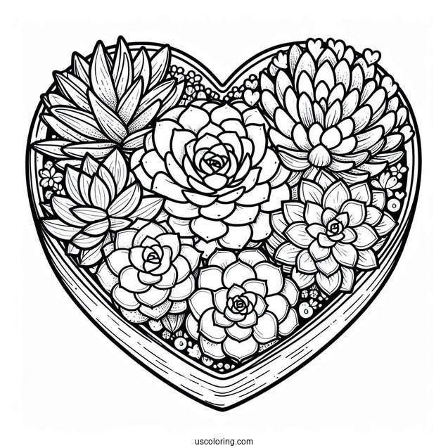 Various Succulent Coloring Page In A Heart Shaped Container