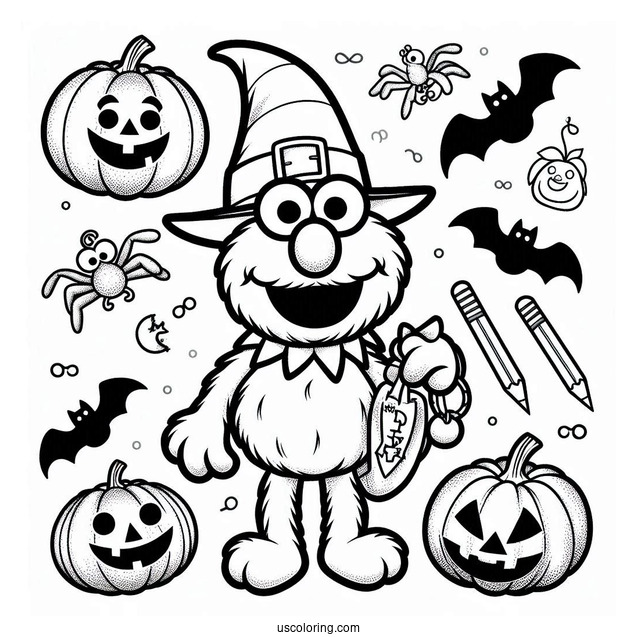 Halloween Themed Elmo Holding a Pumpkin To Color