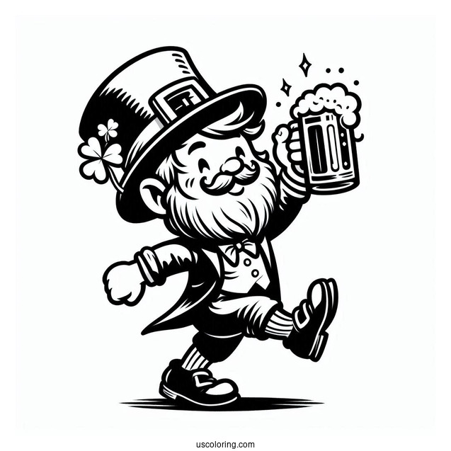 St. Patrick's Day Coloring Page Of Dancing Leprechaun Holding A Glass Of Beer