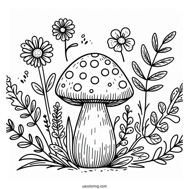 Wildflowers And Weeds Growing Around Mushroom Coloring Page