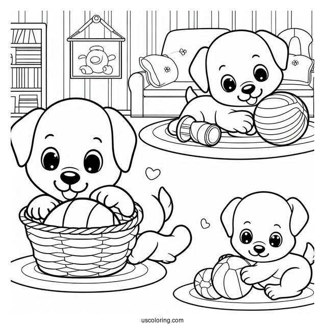 Easy Outline Of Puppy Playing Indoors Coloring Sheet