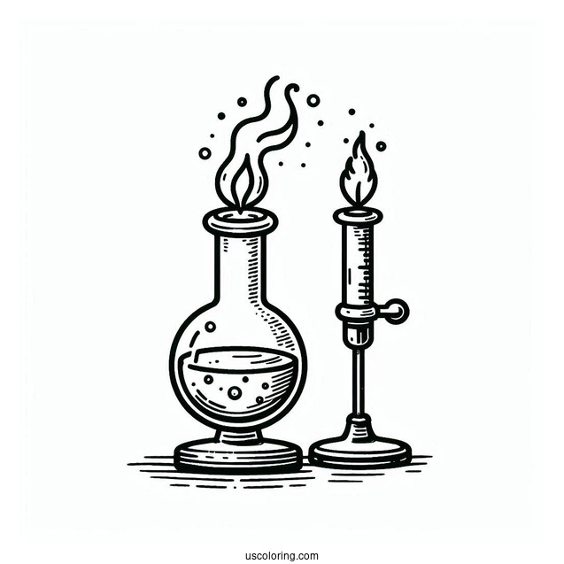Bunsen Burner Heating Up A Flask Science Coloring Page