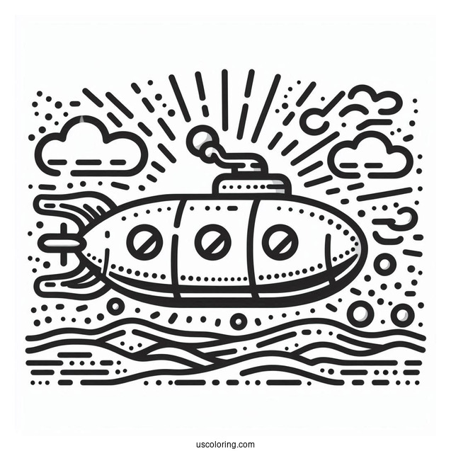Simple Submarine Coloring Page Outline With Sun Rays And Bubbles