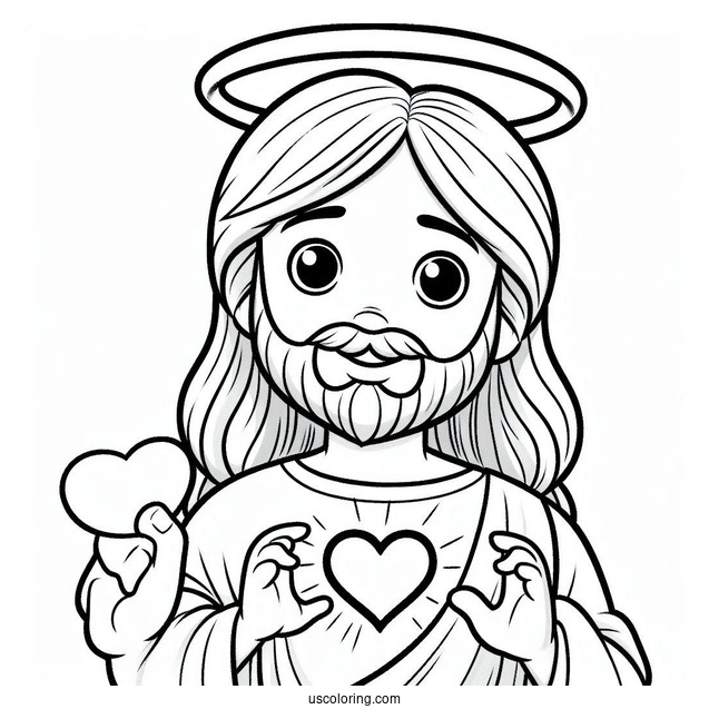 Smiling Jesus Coloring Pages With A Halo Holding A Love Heart For Preschoolers