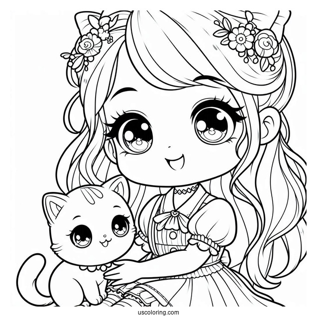 Cute Coloring Page Of Pretty Girl Playing With A Cat