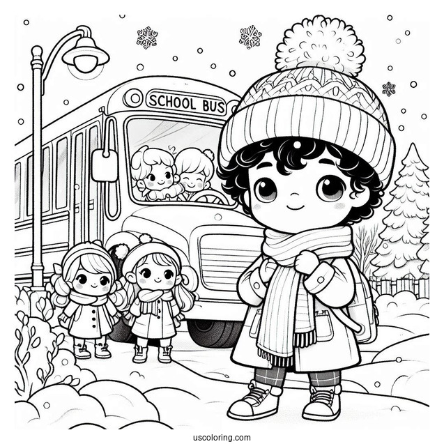 Cute Children Waiting For School Bus Coloring Page In The Snow