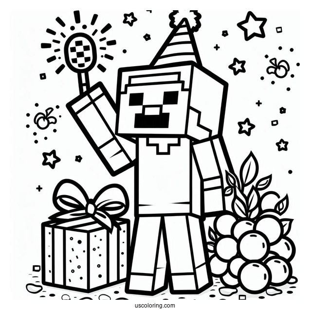 New Year Coloring Page Of Minecraft Steve Celebrating For Kids