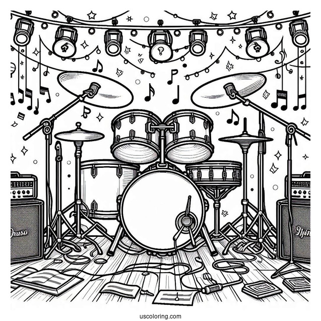 Music Coloring Page Of Complete Drum Set On Stage