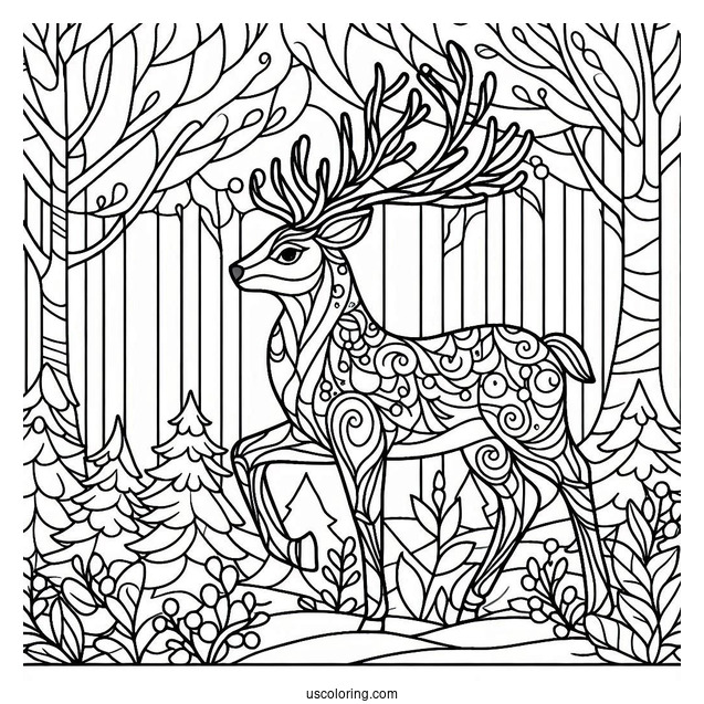 Simple Reindeer In The Forest Stained Glass Coloring Page