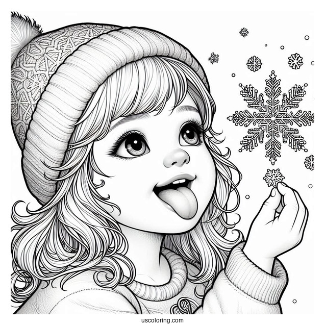 Realistic Little Girl Sticking Tongue Out To Catch Snowflake Coloring Page