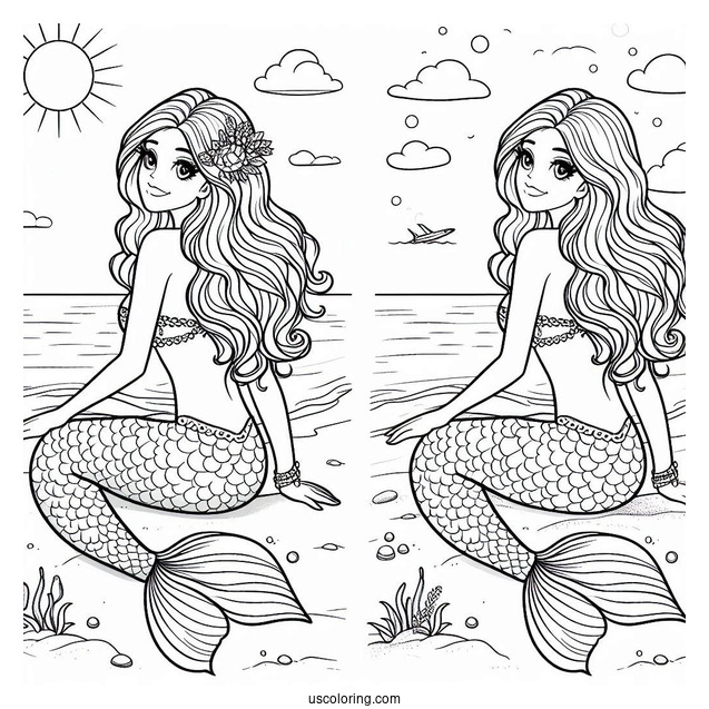 Mermaid Sitting On The Beach Coloring Sheet For Kids