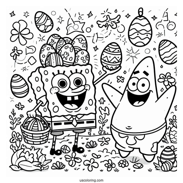 Easter Coloring Page Of SpongeBob And Patrick Star Throwing Easter Eggs