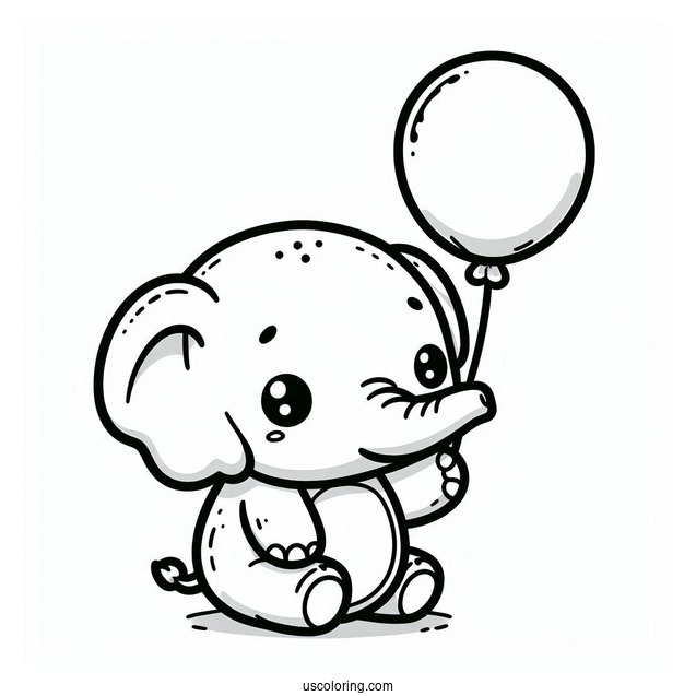 Kawaii Elephant Holding Balloon Coloring For Preschoolers