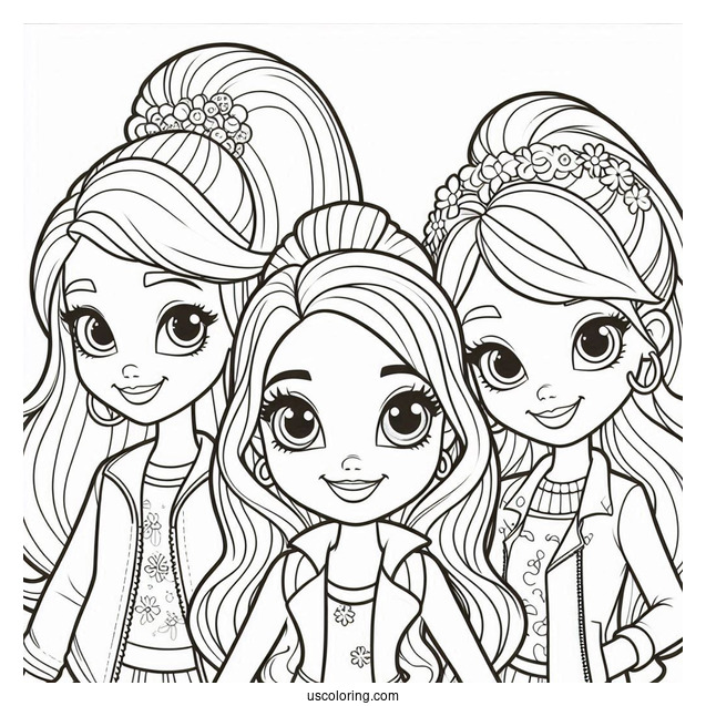 Polly Pocket Coloring Page Of Shani Smith, Lila Draper, And Nikolas Wells Grinning