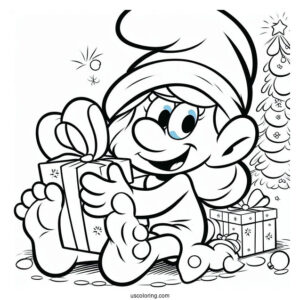 Coloring Page Of Jokey Smurf With Christmas Present
