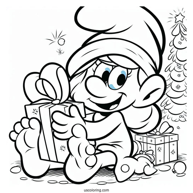 Coloring Page Of Jokey Smurf With Christmas Present