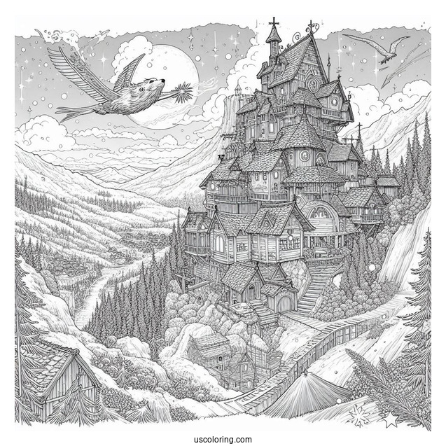 Studio Ghibli Coloring Page of Detailed Howl s Moving Castle