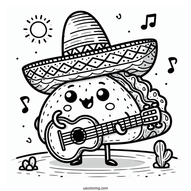 Singing Taco With A Sombrero And A Guitar Coloring Sheet