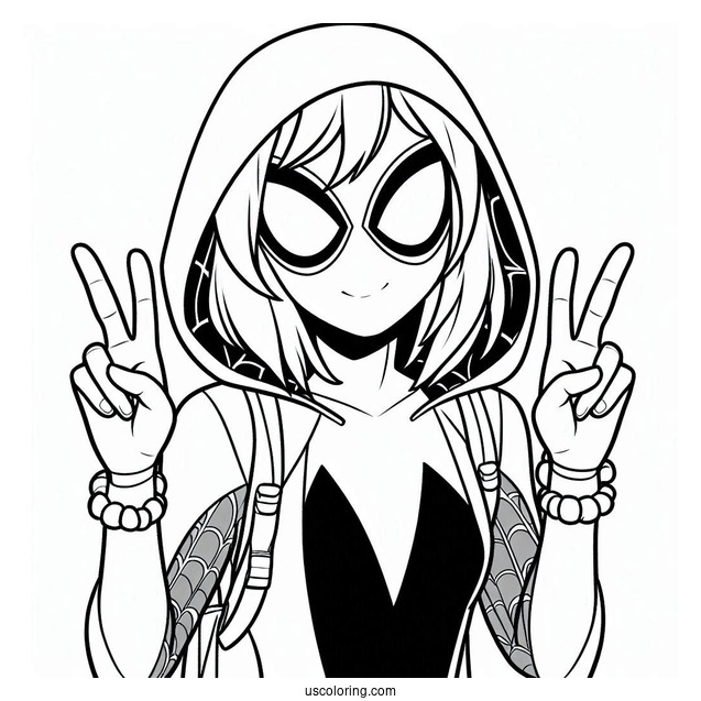 Simple Spider-Gwen Coloring Page Doing Peace Sign For Kids