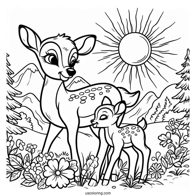 Simple Coloring Sheet Of Bambi And Mother Under The Sun
