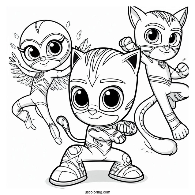 PJ Masks Coloring Page Of Owlette, Catboy, And Gekko In Fighting Stance