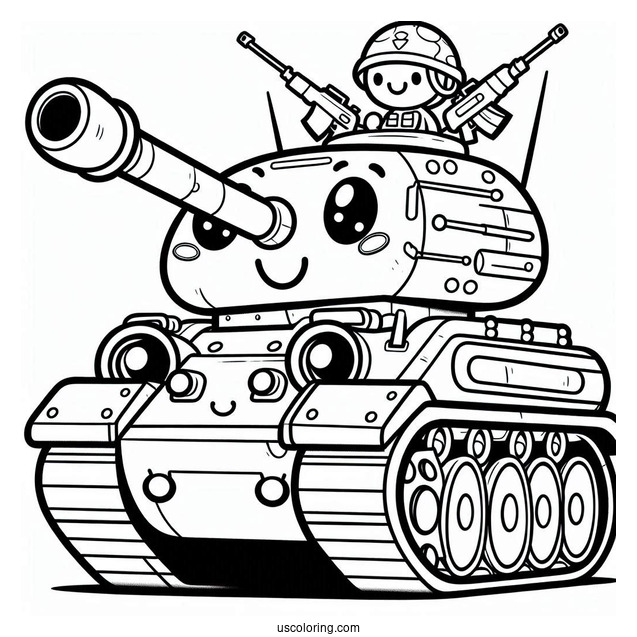 Coloring Sheet of Cartoon Military Tank With Smiling Face