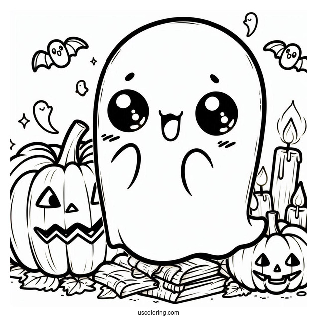 Kawaii Ghosts With Fangs Hanging Around A Jack O Lantern