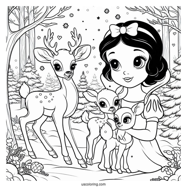 Snow White In Forest With Baby Deer To Color